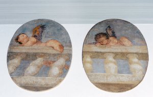 Zwei geflügelte Putti klettern über eine Balustrade, Rundbilder aus der Sakristei von Veronese