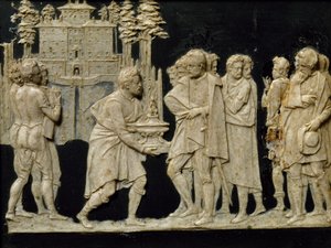 Präsentation des Modells eines Brunnens in Pratolino an Francesco I., von Jean de Boulogne alias Giambologna (1529-1608), Wachskachel von Giambologna
