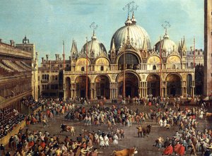 Stierkampf oder Stierjagd auf der Piazza San Marco, von Giovanni Antonio Canal, bekannt als Canaletto und Giovanni Battista Cimaroli von Canaletto
