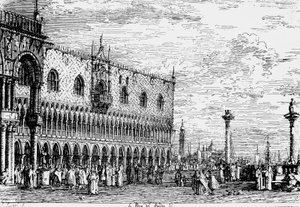 Dogenpalast und Piera del Bando, Venedig, Gravur von Giovanni Antonio Canal, bekannt als Canaletto (1697-1768), Italien von Canaletto