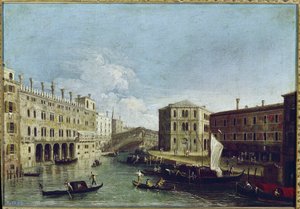 Blick auf den Canal Grande und die Rialto-Brücke, links der Fondaco dei Tedeschi von Canaletto