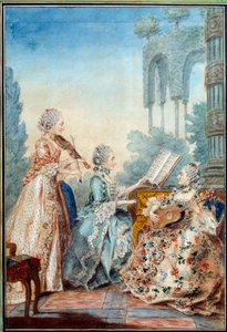 Die drei Töchter des Komponisten Joseph Nicolas Pancrace Royer spielen die Partitur des Balletts Zaide, Aquarell von Louis Carrogis Carmontelle von Carmontelle