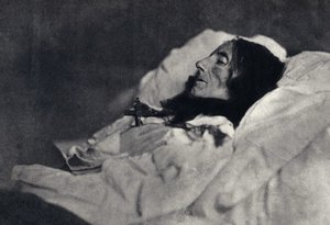 Porträt der Dichterin Marcelline Desbordes Valmore (Desbordes-Valmore) (1786-1859) auf ihrem Sterbebett. Fotografie von Felix Tournachon, genannt Nadar (1820-1910) im Jahr 1859. Druck von Victor Tournachon, Vater von Nadar, späte 19. Jahrhundert.