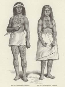 Tätowierte Haida-Frau und -Mann (Gravur) von (after) American School