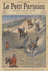 Französische Kavallerie übt schnelle steile Abstiege zu Pferd (Farblithografie) von (after) Carrey