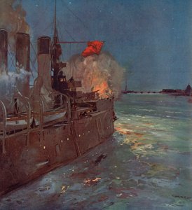 Der russische Kreuzer Aurora feuert den Schuss, der den Sturm auf den Winterpalast in Petrograd signalisiert, Russische Revolution, 25. Oktober 1917 (Farblithographie)