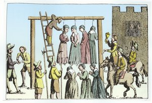 Eine Hexenhinrichtung in England (spätere Kolorierung)