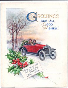Originalkunstwerk für eine Weihnachtskarte mit einem roten Auto und Stechpalmen, ca. 1951 von (after) English School