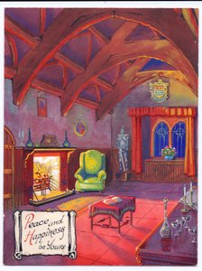 Originalkunstwerk für eine Weihnachtskarte mit einem lodernden Feuer in einer baronialen Halle, um 1953