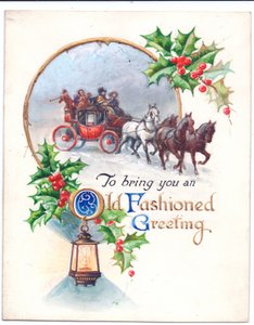 Originalkunstwerk für eine Weihnachtskarte mit einer Postkutsche, einer Laterne und Stechpalmen, ca. 1952
