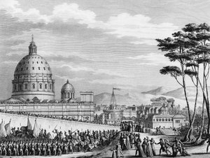 Triumphaler Einzug der Franzosen in Rom im Februar 1798 unter der Führung von General Louis Alexandre Berthier, der die päpstlichen Staaten eroberte und die Stadt Rom am 11. Februar einnahm