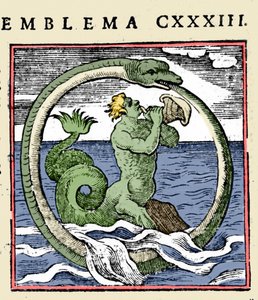 Ein Triton und ein Ouroboros, Illustration aus "Emblemata" von Andrea Alciati