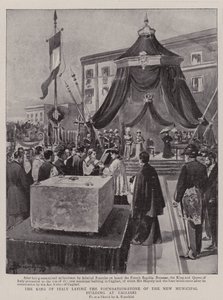 Der König von Italien legt den Grundstein des neuen Rathauses in Cagliari (Lithografie) von (after) Italian School