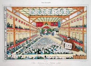 Innenansicht eines Theaters in Jedo, graviert von Jaime von (after) Japanese School