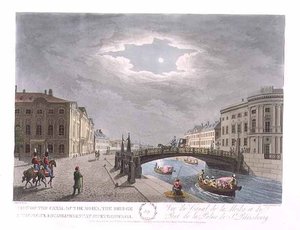 Ansicht des Kanals der Moika, der Brücke und der Polizeistation in St. Petersburg, Illustration für Juli aus 