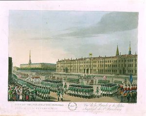Ansicht der Parade und des Kaiserpalastes in St. Petersburg, Illustration für April aus 