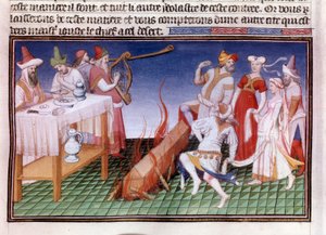 Beerdigungszeremonie in der chinesischen Provinz Tangut (Gansu): Einäscherungsszene. Miniatur in „Das Buch der Wunder“ (Devisement of the World, Il Milione) Manuskript fr.2810, illuminiert vom Meister von Boucicaut und geschrieben von Marco Polo