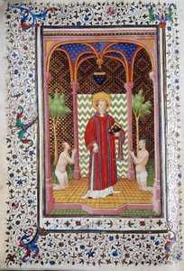 Darstellung des Heiligen Leonhard (6. Jahrhundert), Einsiedler von Limousin, der zwei Gefangene freilässt. Seite des Manuskripts „Les Tres Riches Heures des Herzogs von Guise“ illuminiert vom Meister von Boucicaut. 15. Jahrhundert. Musée Condé, Chantilly
