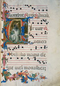 Illuminierte Initiale mit der Figur des San Romualdo (Corale 8, c. 76), für Chorbuch 8 von Santa Maria degli Angeli