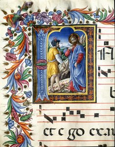 Dekorierte Initiale, die die Versuchung Christi darstellt. Miniatur von Liberale da Verona (1445-1529) aus einem Chorbuch (Cod. 20/5. c.45v) aus der Kathedrale von Siena