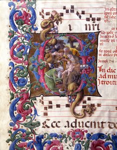 Illuminierte Initiale, die die Anbetung der Heiligen Drei Könige darstellt. Miniatur von Liberale da Verona (1445-1529) aus einem Chorbuch (Cod. 24/9. c.67v) aus der Kathedrale von Siena. 15. Jahrhundert. Kathedrale (Duomo) von Siena, Italien von (c.1445 1527) Liberale da Verona