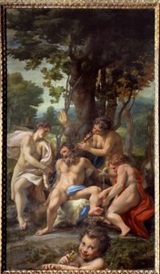Allegorie der Laster. Ein Satyr umgeben von Musikerinnen