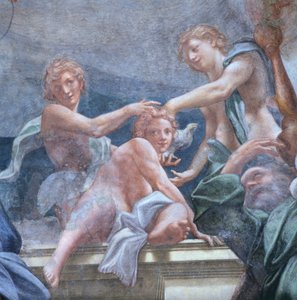 Jugendliche auf dem Balkon, von Antonio Allegri Da Correggio (1489-1534) Detail der Fresken in der Kuppel des Doms von Parma, Italien von (c.1489 1534) Correggio