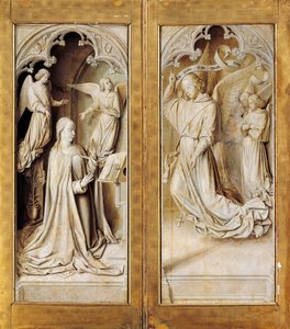Verkündigung in Grisaille, äußere Flügel des Triptychon-Altars (ca. 1489-1502) von Meister von Moulins, in der Kathedrale Notre-Dame, Moulins, Frankreich