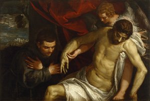 Der tote Christus, unterstützt von einem Engel und angebetet von einem Franziskaner