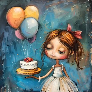 Ein Mädchen mit Geburtstagskuchen und Ballons
