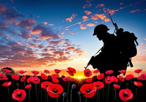 Silhouette eines Soldaten im Sonnenuntergang mit Mohnblumen