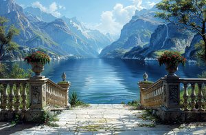 Blick auf einen See und natürliche Landschaft von einem Balkon