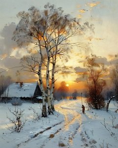 Ein Haus auf dem Land bei Sonnenuntergang im Winter im Schnee, Leinwandkunstdrucke