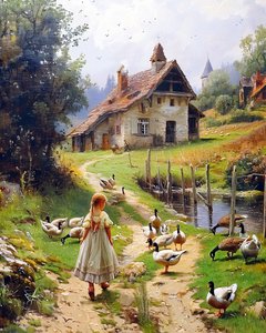 Mädchen und Geflügel in einer alten europäischen Landschaft im Berkshire Homestead Stil