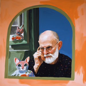 Katze und ein Künstler, der in einen Spiegel schaut von F. Abderrahim