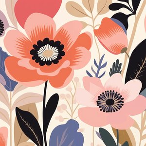 Botanische Illustration pastellfarbene kräftige Blumen, Matisse Stil von F. Abderrahim
