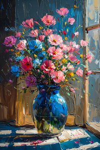 Ölgemälde von unordentlichen rosa & blauen Blumen von F. Abderrahim