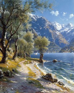 Berg- und Waldlandschaft mit einem ruhigen See von F. Abderrahim