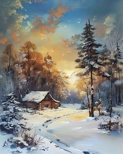 Hütte mitten im Wald und Schnee, Winterlandschaft von F. Abderrahim