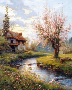 Altes Haus & Landschaft mit fließendem Fluss von F. Abderrahim