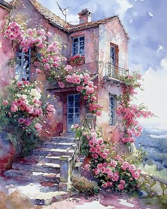 Haus umgeben von Kletterpflanzen mit roten und rosa Blumen von F. Abderrahim
