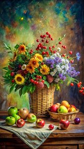 Leinwanddruck, ein Korb mit Obst und Gemüse mit einem Blumenstrauß und Rosen, von F. Abderrahim