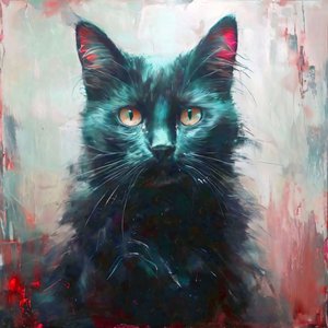 Leinwanddruck : eine schwarze Katze mit gelben Augen sitzt für Wanddekoration von F. Abderrahim