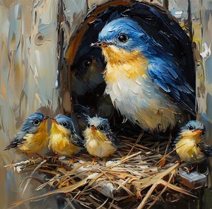 Ein bunter Vogel  sein Junges in einem Nest in einem Baum, Wanddekoration für Schlafzimmer