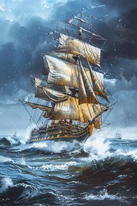 Ein Ölgemälde einer Fregatte mit vollen Segeln inmitten der Wellen einer rauen See von F. Abderrahim