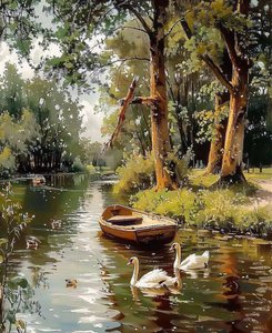 Gänse schwimmen in einem Wasserlauf zwischen Bäumen, Canvas  gerahmte Wanddekoration von F. Abderrahim