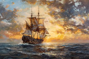 Ölgemälde Piratenschiff im Meer bei Sonnenuntergang, gerahmte Wanddekoration