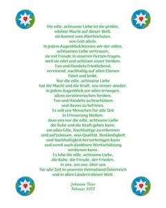 Die edle, achtsame Liebe bringt uns Ruhe, Freude und Frieden in unserem Heimatland Österreich und in allen Ländern dieser Welt