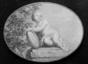 Putto auf einem Sockel vor einem Hintergrund aus Grün, 18. Jahrhundert von 18th century . French Painter