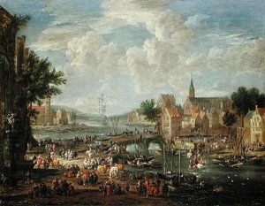 Stadtbewohner am Flussufer von A.F. and Bouts, P. Boudewyns